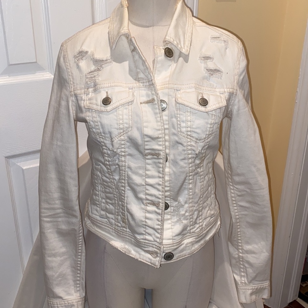 LIKE NEW white distressed denim jacket